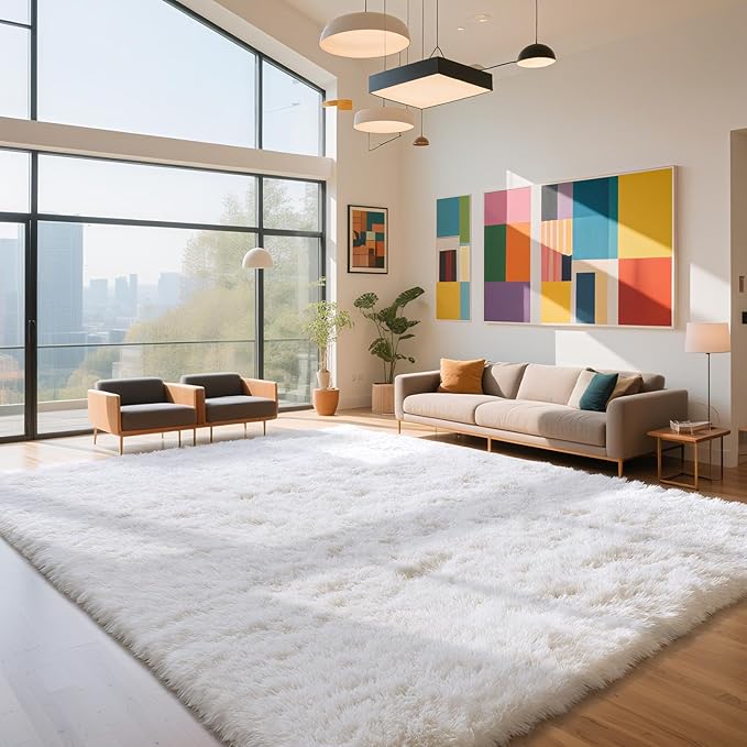 yongyangjuxin Fluffy Rug Shag Area Rug, White 9x12 Area Rugs for Living Room, Large Shag Area Rugs for Bedroom Room Home Decor, Upgrade Anti-Skid Rectangular Fuzzy Rugs