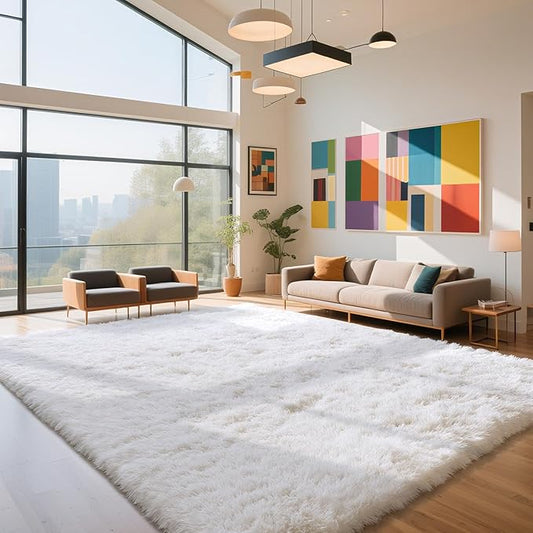yongyangjuxin Fluffy Rug Shag Area Rug, White 9x12 Area Rugs for Living Room, Large Shag Area Rugs for Bedroom Room Home Decor, Upgrade Anti-Skid Rectangular Fuzzy Rugs