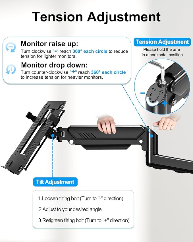 Laptop Wall Mount, 2-in-1 Monitor with Vented Tray | Fits Max 17" Notebook or 13- 32" Computer Screen, Adjustable Laptop Arm Holds 4.4-22lbs, Gas Spring Laptop Holder Stand
