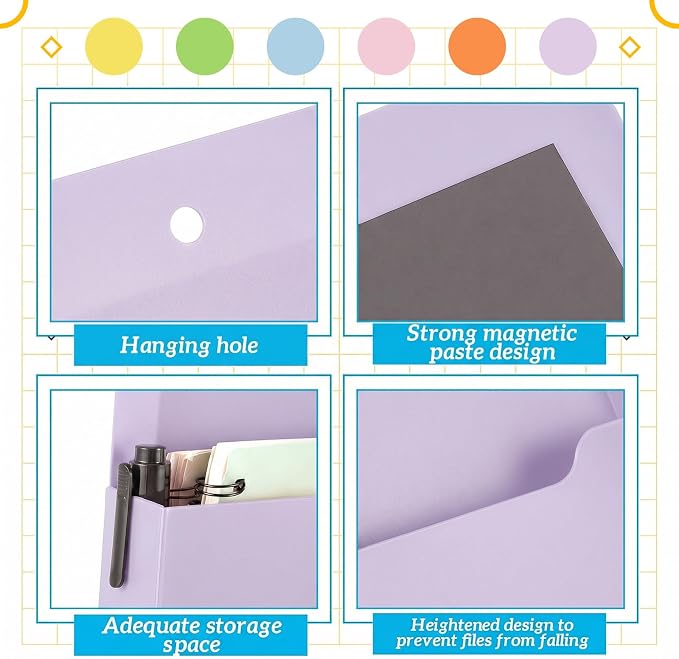 Gilprop 12 Pack Magnetic File Holder for Whiteboard, 10"x13"x1.2" Classroom Magnetic Wall File Folders, Hanging Magazine Organizer Storage Pocket for Refrigerator Mail Paper Desk Office(Macaron Color)