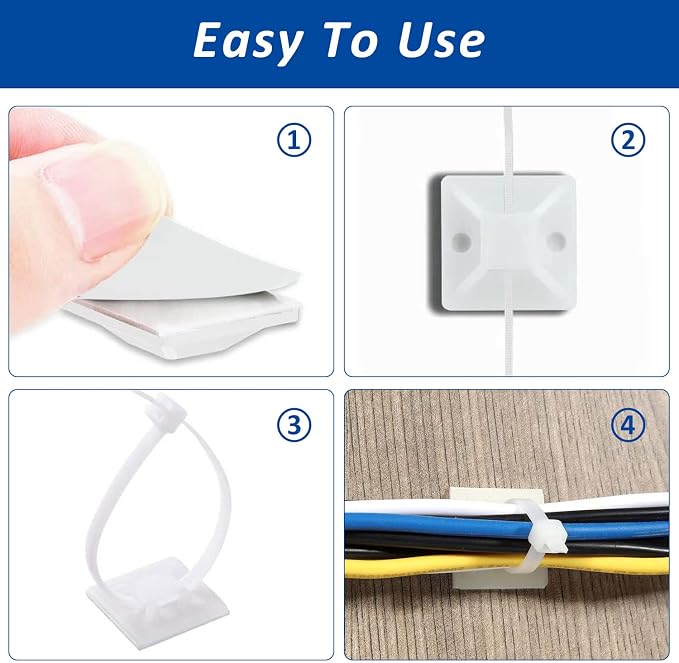 Strong Back-Glue Self Adhesive Cable Zip Tie Mounts Kit - 100 Set Cable Management Clips with 6" Zip Ties, Wire Holders - Outdoor Sticky Wire Organizer Clips - White