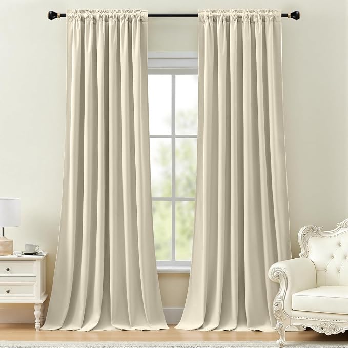 Ivory Velvet Curtains 96 Inches for Living Room, Super Soft Thick Thermal Insulated Room Darkening Curtain Sound Reducing Privacy Drapes for Home Office, Back Tab Rod Pocket, W52 x L96, 2 Panels