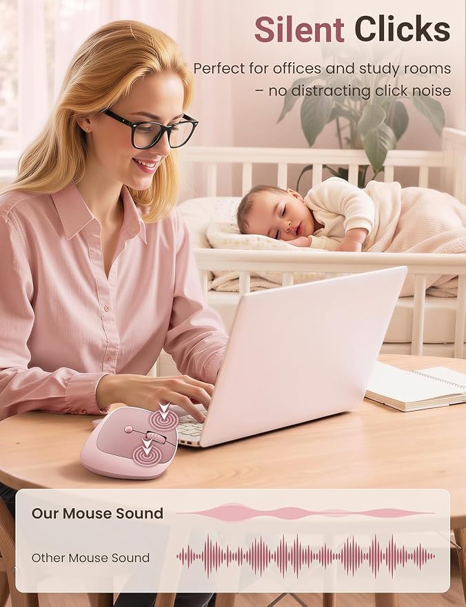 Ergonomic Vertical Wireless Mouse, 57°, Small/Medium Hands, Pink | Rechargeable, Quiet Click, 800/1200/1600 DPI, 2.4GHz USB Receiver, Forward/Back Buttons, Computer Mouse for Laptop PC Mac