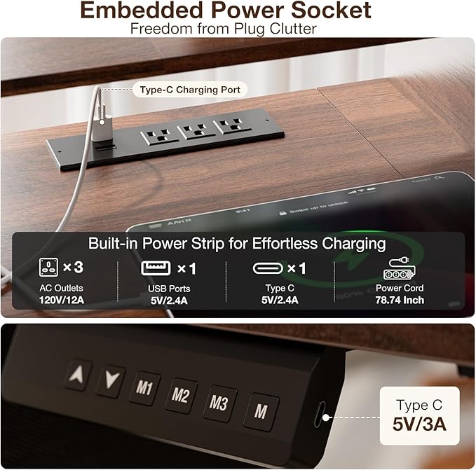 63x32 Inch Electric Standing Desk with 5 Drawers, Sit Stand Desk with Power Outlets, Monitor Shelf, LED Light and Cable Management, Height Adjustable 28.3-47.2 Inch for Home & Office, Walnut