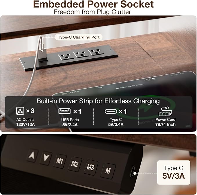 71x32 Inch Electric Standing Desk with 5 Drawers, Sit Stand Desk with Power Outlets, Monitor Shelf, LED Light and Cable Management, Height Adjustable 28.3-47.2 Inch for Home & Office, Walnut