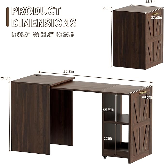 Foldable Desk with Charging Station, Rolling Home Office Desk with Storage Shelf, Pull-Out Computer Table for Small Spaces, Bedrooms, Apartments, and Dorms, Walnut