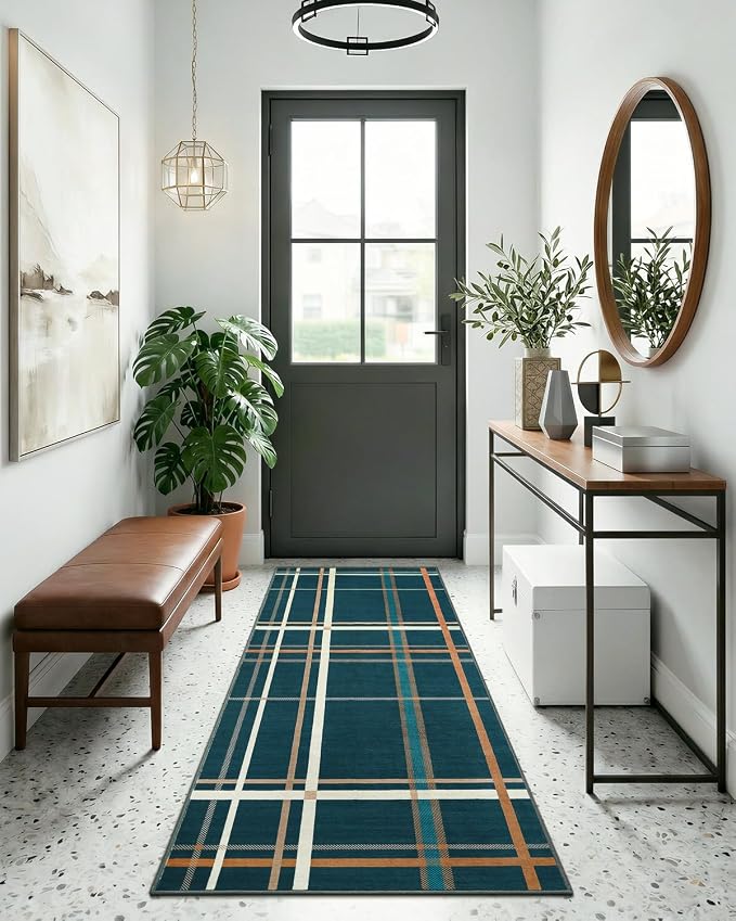 Terrug Plaid Runner Rugs for Kitchen, Blue 2x6 Checkered Area Rug Washable with Non Slip for Bedroom, Soft Low Pile Stain Resistance Carpet for Entryway Hallway