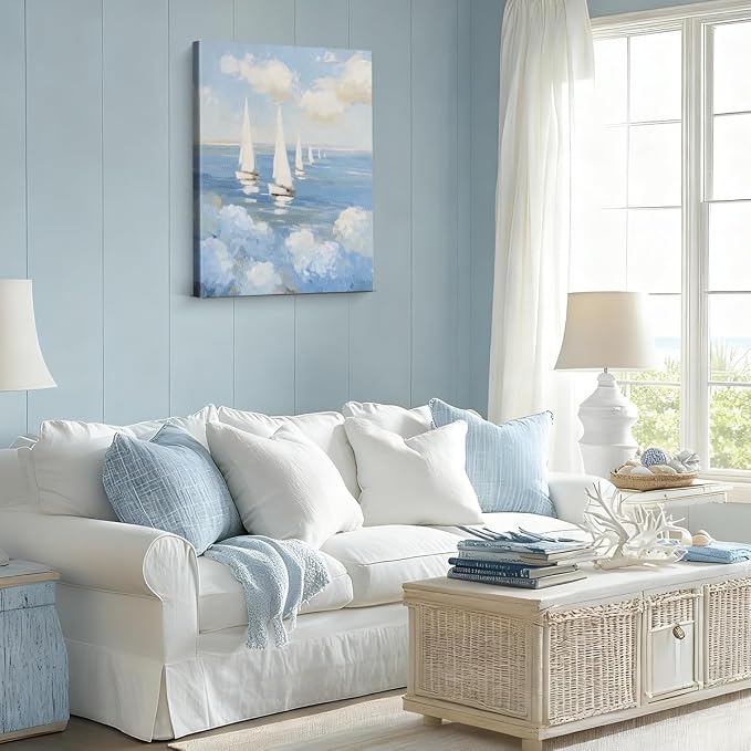 Coastal Ocean Hydrangea Wall Art Decor Nautical Sailboat Picture Painting Artwork Blue Ocean Wall Decor for Home Beach Room Bedroom 8x10 Canvas Framed