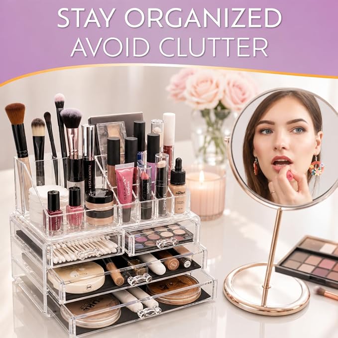 Brookstone Makeup Organizer Countertop, Cosmetic Display Case, Acrylic Makeup Storage for Vanity, Clear Make-up Organizer for Vanity, Accessories Holder with Drawers