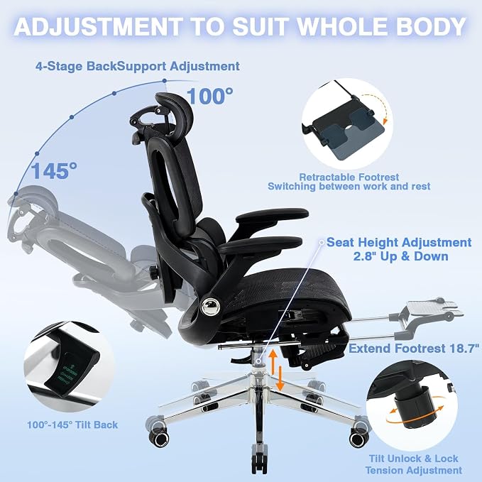 Ergonomic Mesh Office Chair with Footrest, High Back Desk Chair with 4D Armrests, 3-Zone Dynamic Lumbar Support, Ergonomic Office Chair with Wheels (Black)