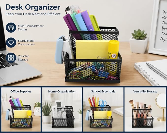 SHFKS Pen Holder for Desk Organizer,2Compartments Office Supply Organizer for School Home Office（Black）