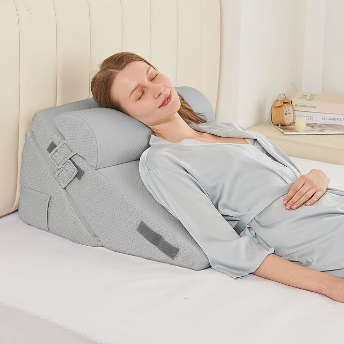 Sasttie Adjustable Wedge Pillow Set for After Surgery, Light Grey | Bed Wedge Pillow Headboard with Memory Foam Neck Cushion, for Acid Reflux, Sleeping, Neck & Back Support