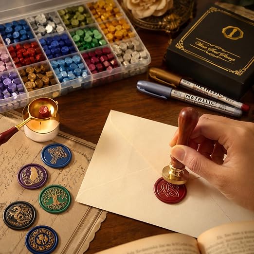SWANGSA Celtic Wax Seal Stamp Kit with 450pcs Sealing Wax Beads, 2 Pens and Spoon for Wedding, Invitations, Cards, Envelope, Christmas