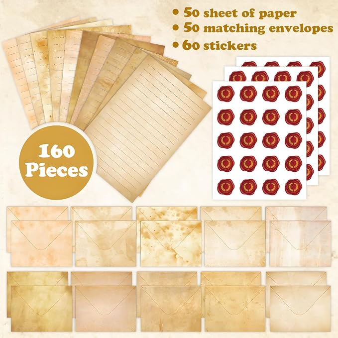 FUNCLASS 160 Pcs Stationery Set Letter and Envelopes – 50 Lined Stationery Paper and 50 Matching Envelopes, 5.5 x 8.25 Inches Letter Writing Stationery for Home, Office, School (Vintage)