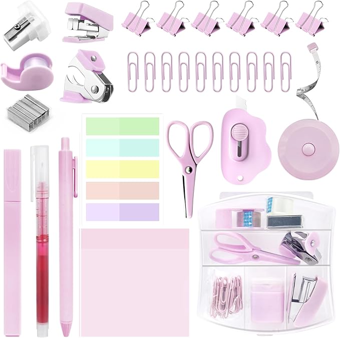 Mini School Supplies Kit, Pink Mini Stapler with Staples and Tape Dispenser Set, Mini Stationary Set Includes Sticky Notes Index Tabs Highlighters Gel Pens for Office & Back to School Supplies