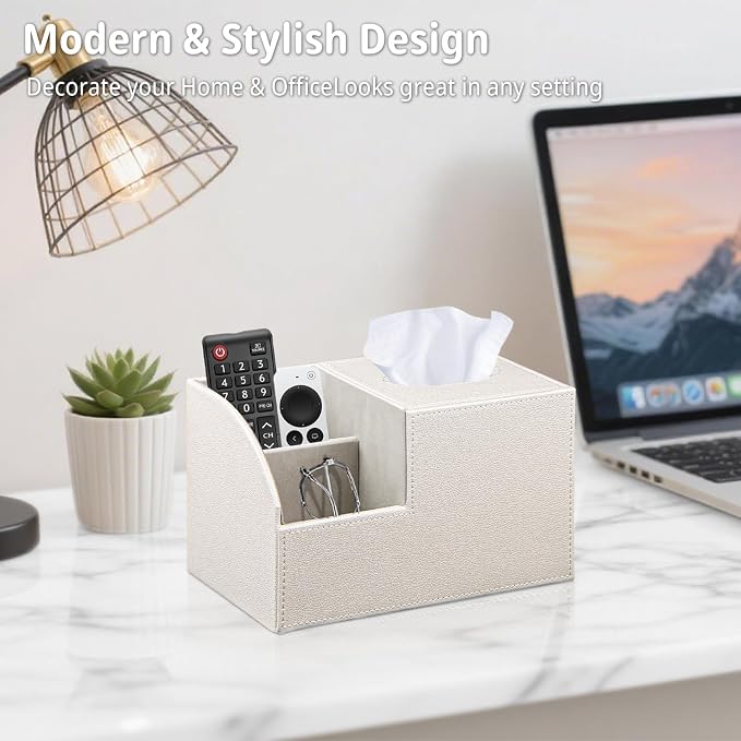 Square Tissue Box Cover with Storage, PU Leather Cube Tissue Box Holder, Remote Control Nightstand Organizer, Modern Desk Caddy for End Table, Bathroom, Bedroom, Home, Office Decor | TV Remote Control Holder, Desk Accessories Nightstand Organizer, Mode...