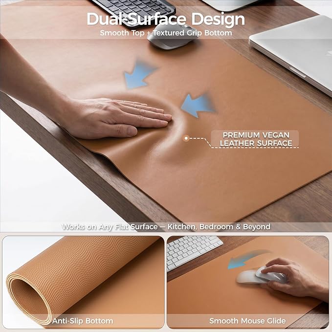 1.6mm Thick Leather 12x48 Inch Non-Slip Mat, Waterproof Countertop Protector, Kitchen Appliance Runner/Narrow Console Topper, Caramel Brown