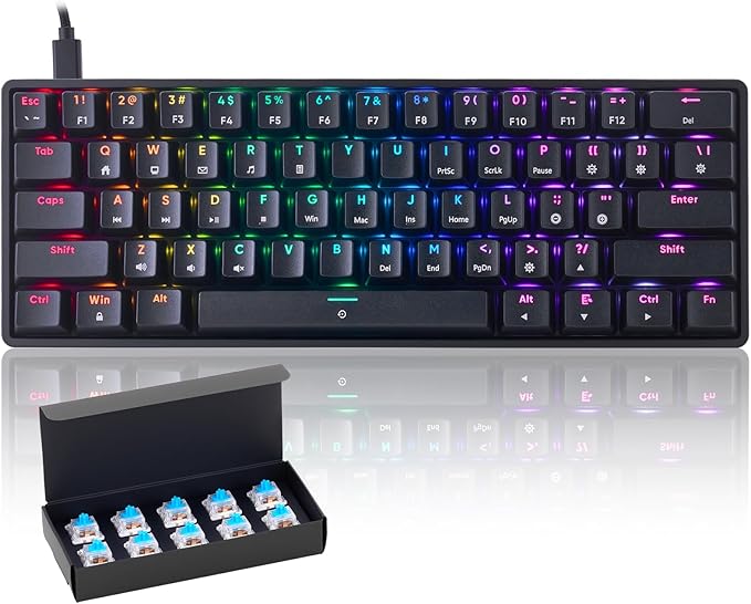 CHONCHOW Mechanical 60% Gaming RGB Keyboard 61 Keys Wired USB DIY Customize Backlight Macro keypad Ultra-Compact Blue Switches Compatible with Windows Mac Linux Laptop PC Computer(Black)