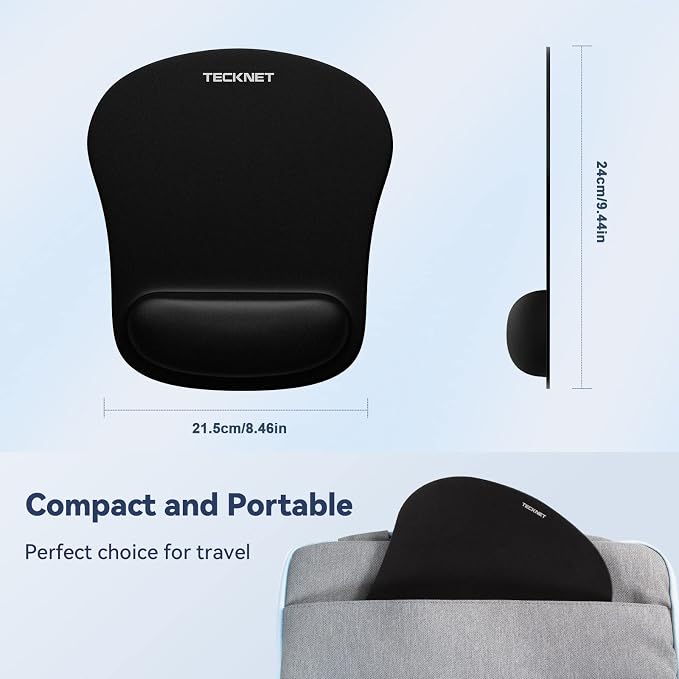 TECKNET Ergonomic Mouse Pad with Wrist Support Black | Soft Memory Foam, Fast Rebound, Pain Relief，Waterproof Surface, Non-slip Base