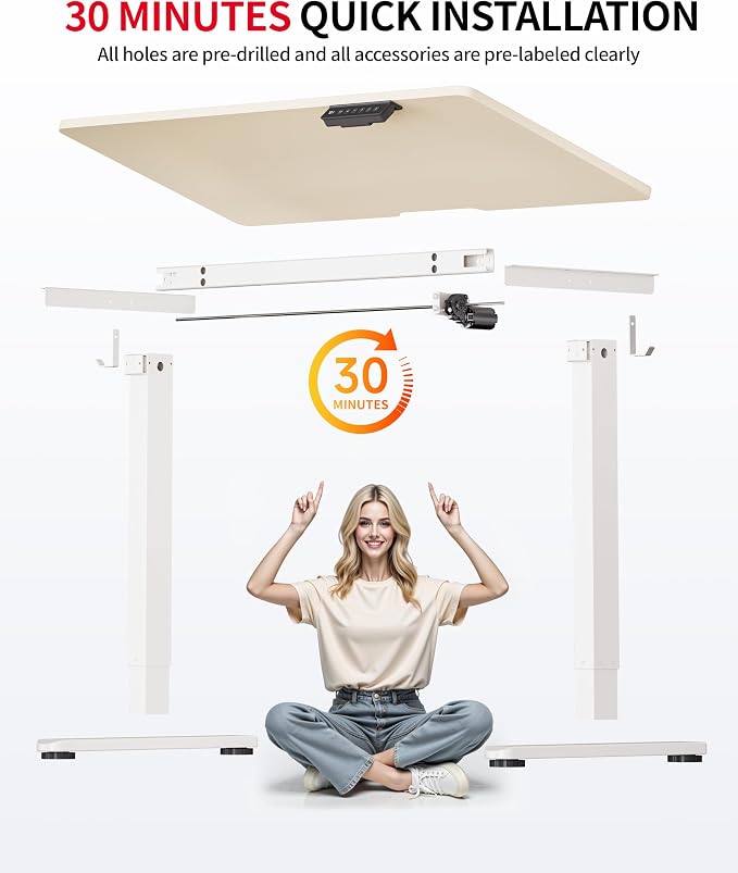 Okin Standing Desk Electric Adjustable Computer Whole Piece Stand up Desk Office Gaming Home Office Memory Desks 48x24 inches Cream Brown