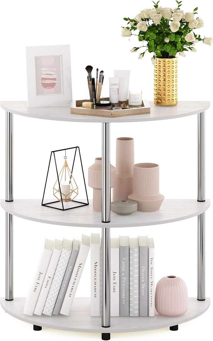 Furinno Frans Turn-N Half Round Console Table with Stainless Steel Tubes, White Oak, 15.6D x 31.1W x 30.8H in | Console Table with Storage Shelf, Narrow Sofa Side, Stainless Steel Tubes, for Living Room, Home Office, Entryway