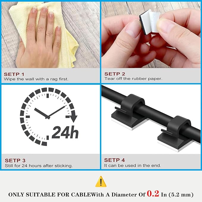 Adhesive Cable Management Wire Clips(Black 100 Pcs),Wires Clips Holders for Cords on wall,Outdoor Cable Clips,Suitable for Under Tables, Cars, Walls, televisions, Christmas Lights