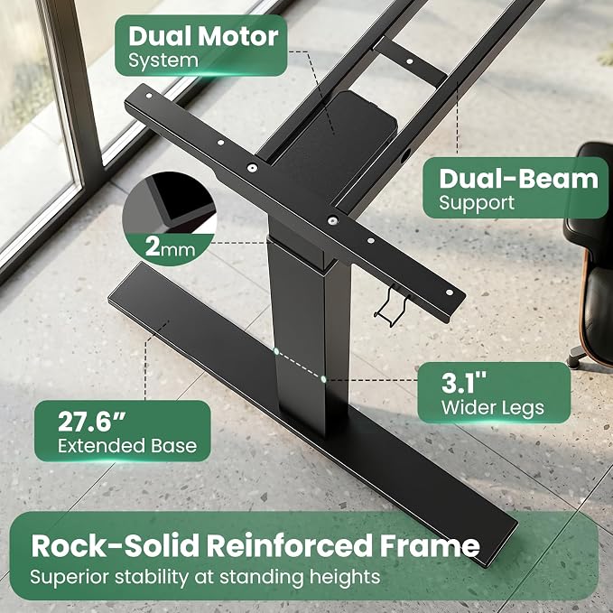 SIAGO Dual Motor Standing Desk Frame for Tops up to 75" - Black Frame Only | 280 lbs Capacity Adjustable Workstation Legs with 3 Memory Presets, Power Strip and Cable Management Tray