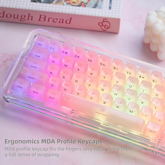 Womier Keycaps Jelly Pink, Ceramic Keycaps Style, Clear Shine Through Keyboard Key Cap Side Printed Custom 60 65 75 100 Percent for Cherry MX, Outemu, Gateron Mechanical Keyboards(MDA Profile)