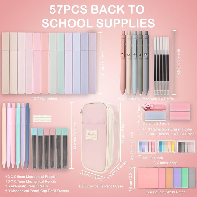 Aesthetic School Supplies with Pencil Pouch - 57 Pcs Cute College Essentials Set, Big Capacity Pen Case, Eraser Holder, Pastel Highlighters, Bible Study Journaling Stationary Kit for Girls Teens