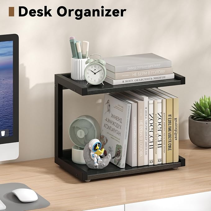 MARTY Kitchen Counter Shelf Organizer, 2 Tier Coffee Station/Bar Organizer | Spice Rack for Countertop, Mugs Cups, Desk Shelf Riser, Bathroom Counter Organizer, Wood+Metal, Black