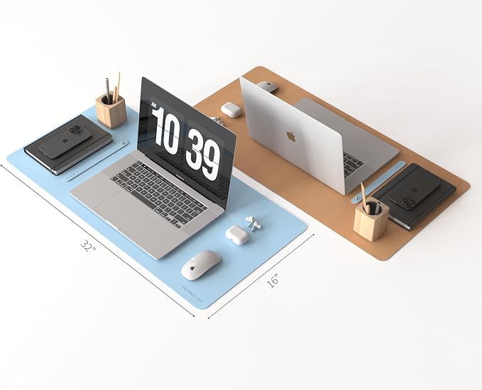 RENMTURE Dual-Sided Large Desk Pad, Faux Leather Natural Cork Mouse pad, Desk Accessories Protector, for Office and Home Work (Light Blue, 32"x16")