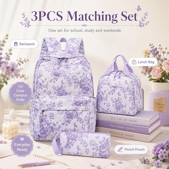 Bluboon Teens Backpack Set Girls School Backpack Lunch Box Pencil Bags Student Bookbags 3 in 1 (Purple Floral 277)