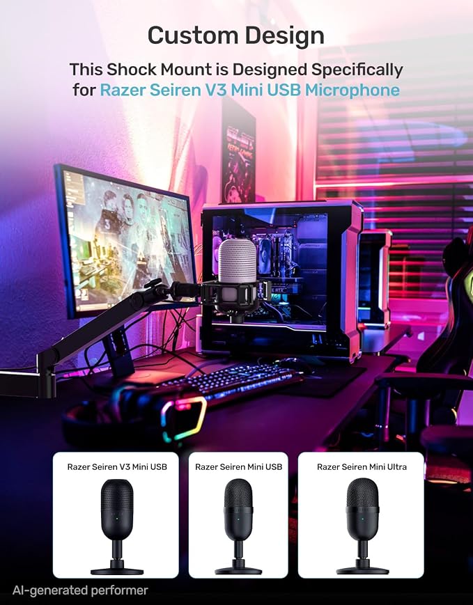 Custom Built for Razer Seiren Shock Mount Anti-Vibration Suspension Elastic Shock Mount Holder Clip Mics Stand with Screw Adapter Compatible with Razer Seiren V3 Mini USB V2 Microphone