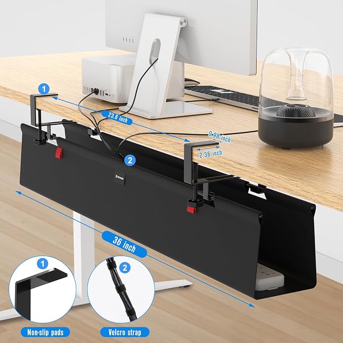 Under Desk Cable Management Tray for Table, No Drill 36" Cord Organizer with Cable Loop, Upgraded Oxford Fabric Wire Management for Office, Home - No Damage to Table