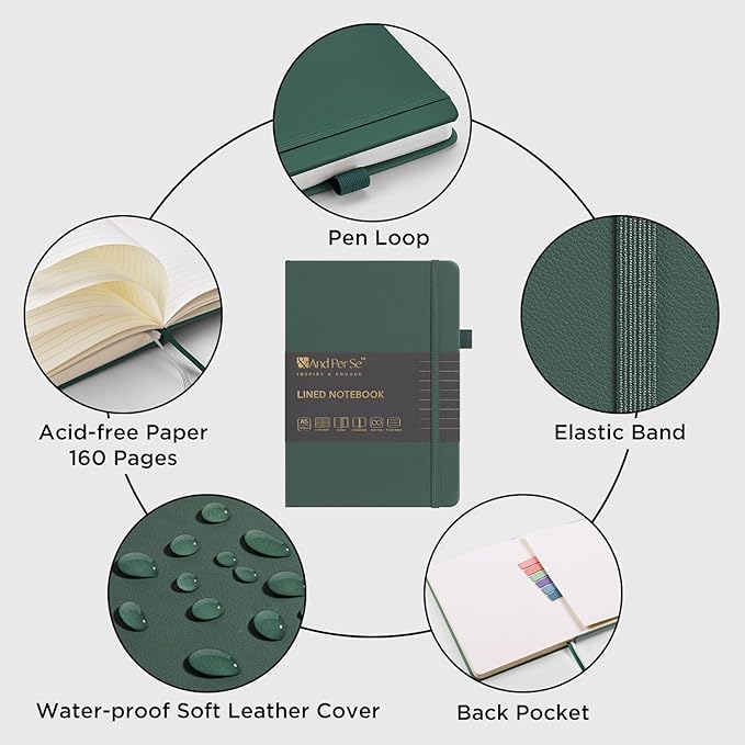 &And Per Se 10-Pack Lined Notebooks, A5 Hardcover, 160 Pages 100gsm Thick Paper, Office Supply Bulk Order, Corporate New Hire Kits, Breakroom Essentials – College Ruled, 10 Units (Green)