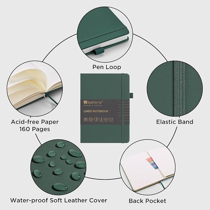 &And Per Se Lined Notebooks 3-Pack Gift Set, A5 Hardcover Journals, 160 Pages 100gsm Thick Paper, 3 Assorted Colors (Brown, Blue, Green)