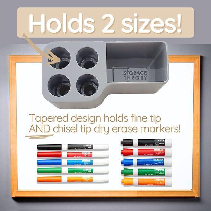 Whiteboard Marker Holder Magnetic - Dry Erase Marker Organizer with Adhesive Mount - Office Supplies Organizer for Classroom, School, Fridge - Made in USA, Gray 2 Pack