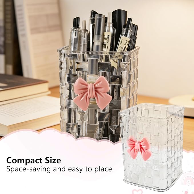 Nirvany Acrylic Pen Holder for Desk, Cute Clear Pencil Organizer & Makeup Brush Holder with Bow Back To School Accessories for Office, Home, School, Kitchen