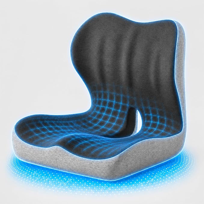 Ergonomic Memory Foam Seat Cushion with Back Support, Office Chair Cushion | L-Shaped Integrated Design with Lumbar Support and Tailbone Cutout for Office, Car, Home Chairs (Large Comfort - Black &Gray)