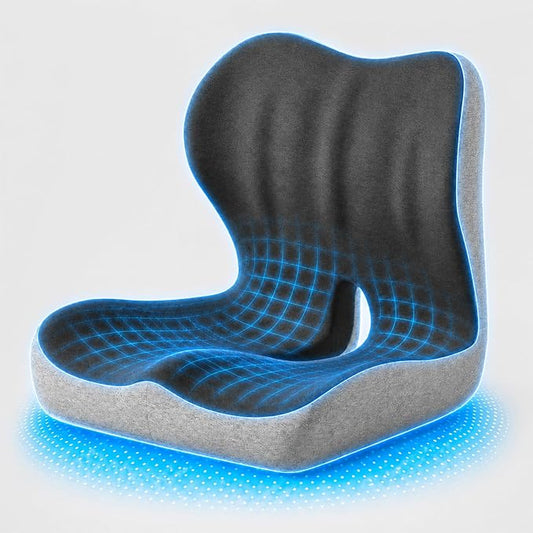 Ergonomic Memory Foam Seat Cushion with Back Support, Office Chair Cushion | L-Shaped Integrated Design with Lumbar Support and Tailbone Cutout for Office, Car, Home Chairs (Large Comfort - Black &Gray)