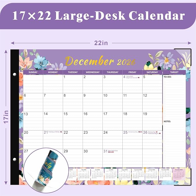 2026 Desk Calendar Large 22x17 Inches,Large Desk Calendar 2026-2027,18 Month,Suitable For Home,School Or Office,With Plastic Cover,Monthly Calendar(Cyan)