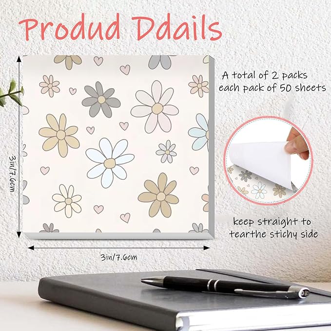 Sticky Notes 3x3 Inches, 2 Pads Cute Colorful Self-Stick Note Pads, Easy to Post for Home, Office and Daily Life Organization Cute Pink Flowers