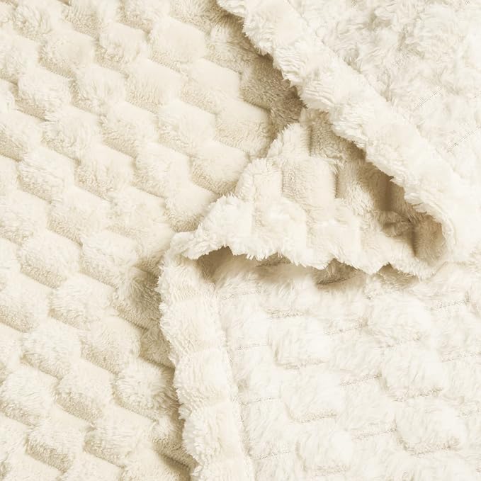 Vessia Flannel Fleece Queen Size Bed Blanket(90x90 inch), 3D Jacquard Cream Fuzzy and Warm Blanket for Adults, 300GSM Super Soft Touch Cozy Lightweight Ivory Bed Home Decor for All-Season