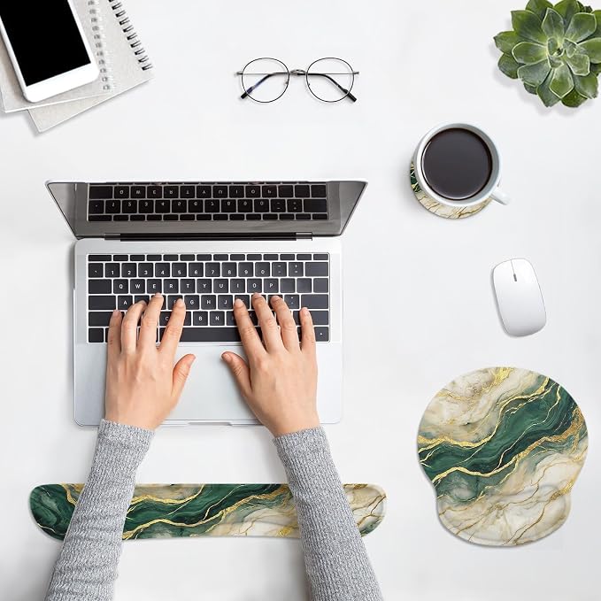 Britimes Marble Abstract Gold Green Modern Ergonomic Mouse Pad Set with Wrist Rest Non-Slip Rubber Base Wrist Cushion Support and Coasters Mousepad with Wrist Support for Computer Keyboard and Desk