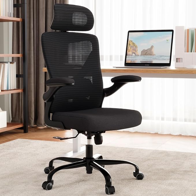 Ergonomic Office Chair: Mesh Desk Chair Comfy with Headrest& Lumbar Support | Ergalithic Big and Tall Office Chairs with Wheels & Flip-Up Arms-Computer Gaming Chairs for Adults (Black-Pack of 4)