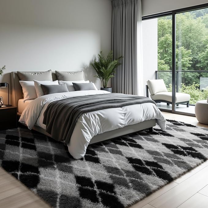 Zentavio Area Rugs for Living Room Large Rugs for Bedroom 6x9 Carpet Fluffy Fuzzy Soft Shag Aesthetic Plush High Pile Gray Throw Rug for Nursery Kids Room Dorm Diomond Black
