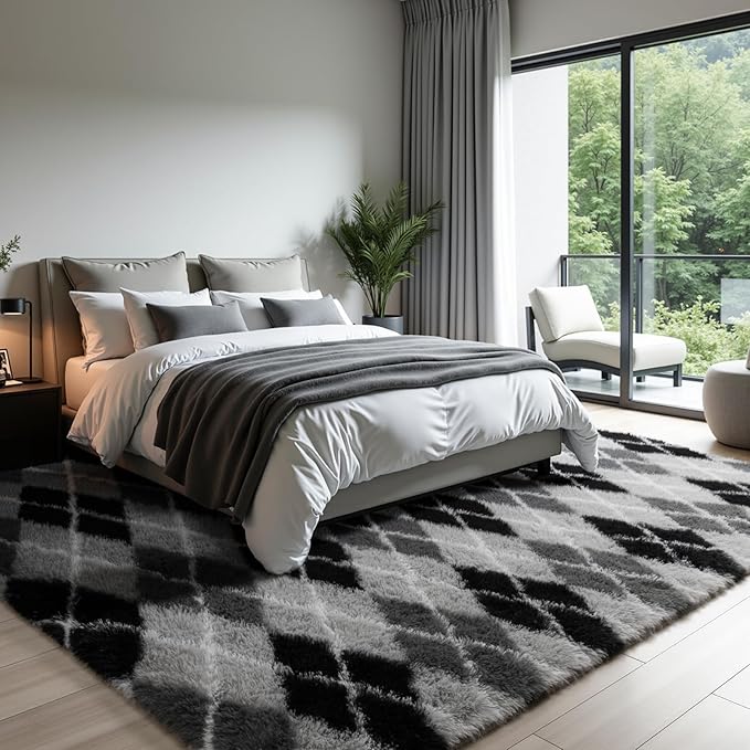Zentavio Area Rugs for Living Room Large Rugs for Bedroom 5x8 Carpet Fluffy Fuzzy Soft Shag Aesthetic Plush High Pile Gray Throw Rug for Nursery Kids Room Dorm Diomond Black