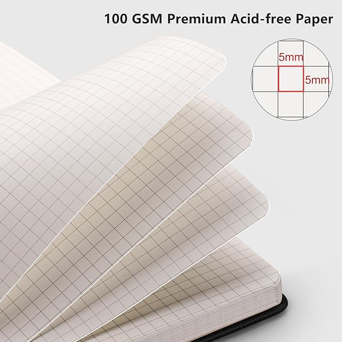 RETTACY Graph Grid Paper Notebook, 2-Pack, 192 Pages per Pack, A5 Medium Size (5.7'' x 8.3''), Leather Hardcover, 100 GSM Thick Paper, for School, Students, Math, Engineering (Black & Dark Green)