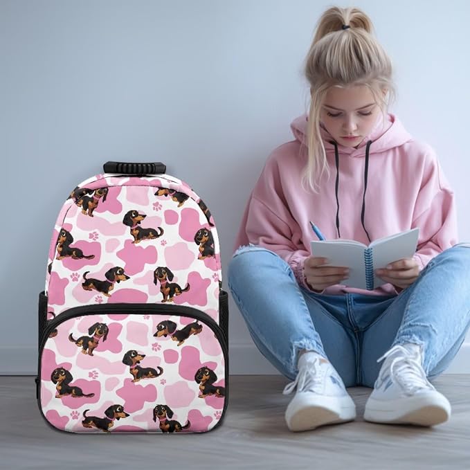 ZFRXIGN Cute Dachshund Dog Girls Backpack 17inch Elementary School Bookbag with Cute Pendant 4pc Backpack Set for Kids Girls Insulated Lunch Box Cow Print Pencil Case