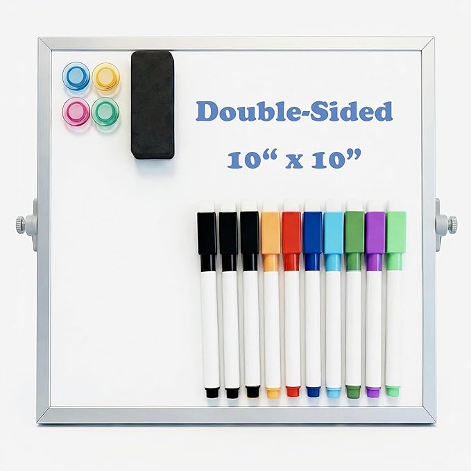 Small White Board with Stand, Double-Sided Desktop Whiteboard with 10 Markers, 4 Magnets & 1 Eraser, 10" x 10" Mini Dry Erase Board for Desk, Office, Kitchen, School, Kids Room